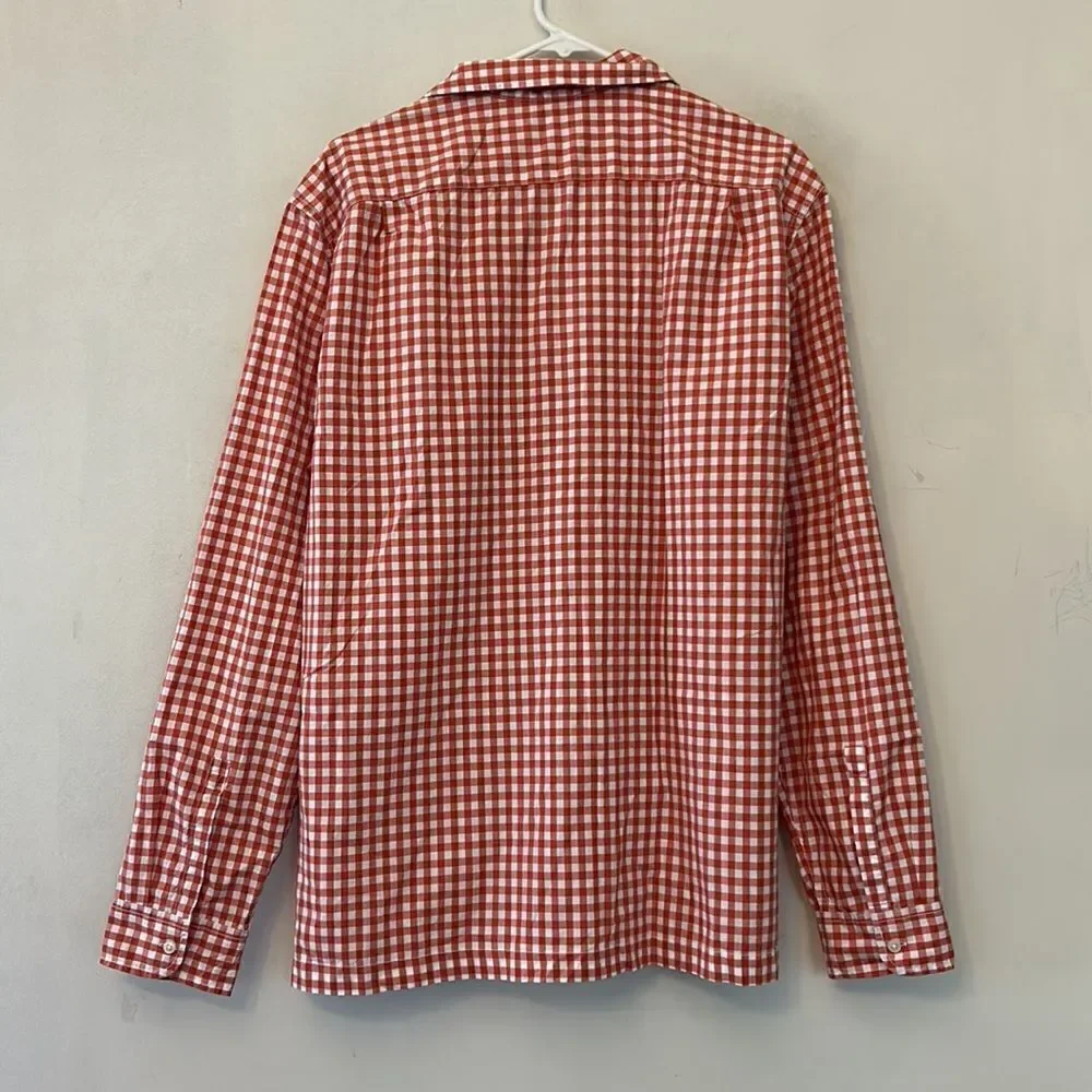 J Crew organic cotton orange white checked  front pocket shirt Size L